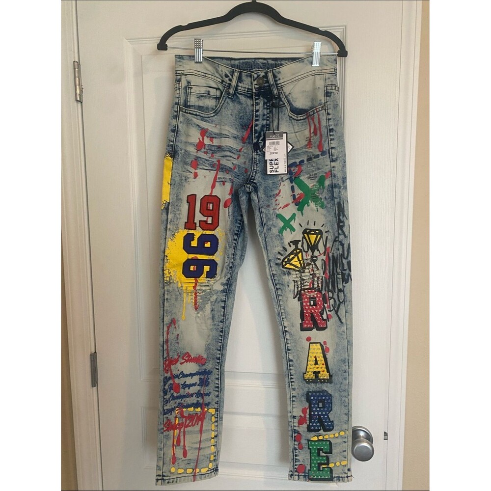 Rue21 Paint-Splatter COOL GRAFFITI Graphic Acid Wash SKINNY Jeans NWT Size 28x30